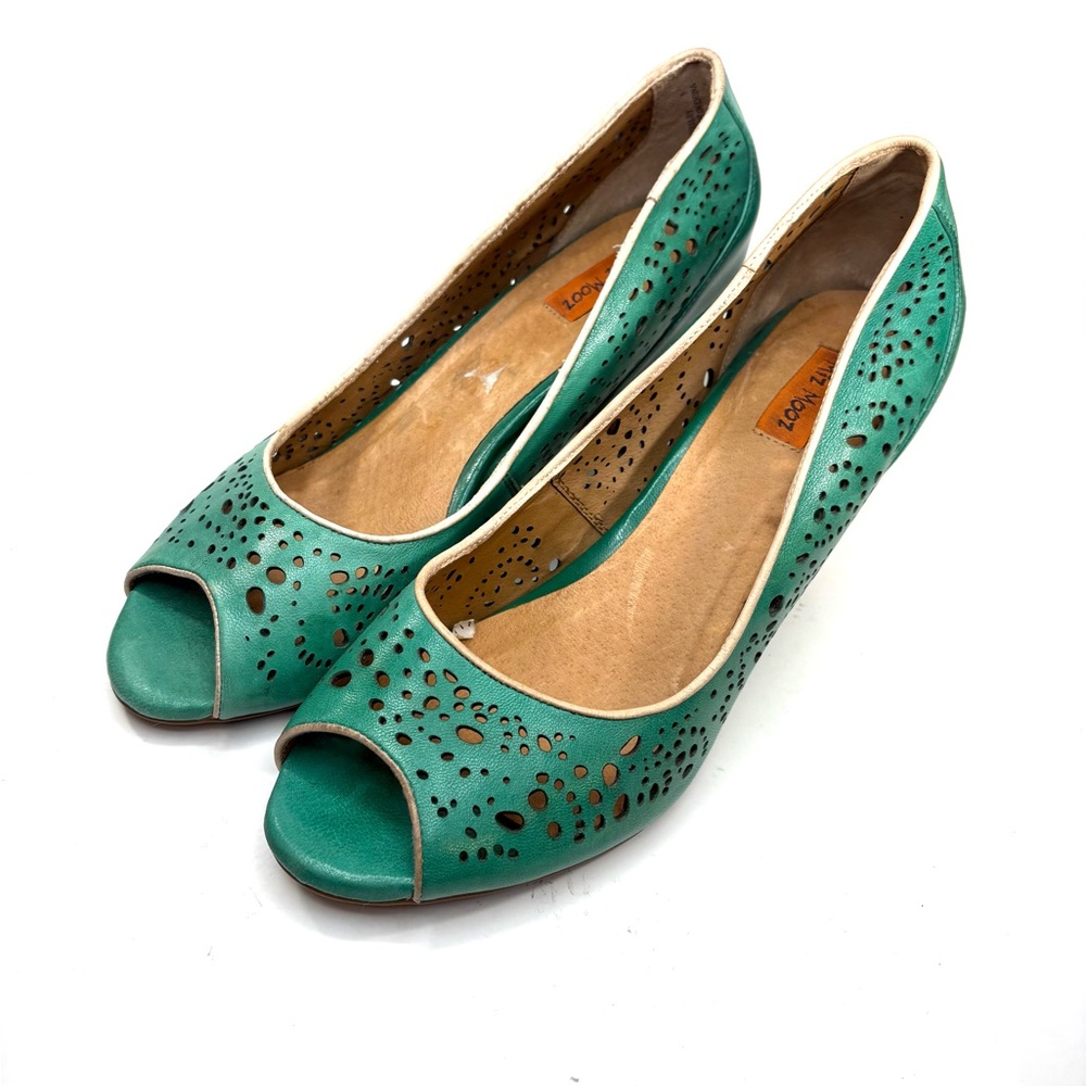 Miz Mooz Teal Laser-Cut Peep-Toe Heels - Picture 3 of 8